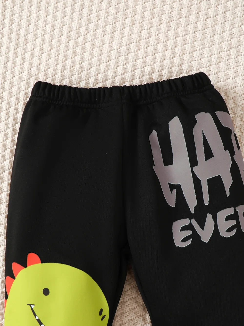 Black sweatpants with a green dinosaur graphic and "HAVE FUN EVERY" text on the side.