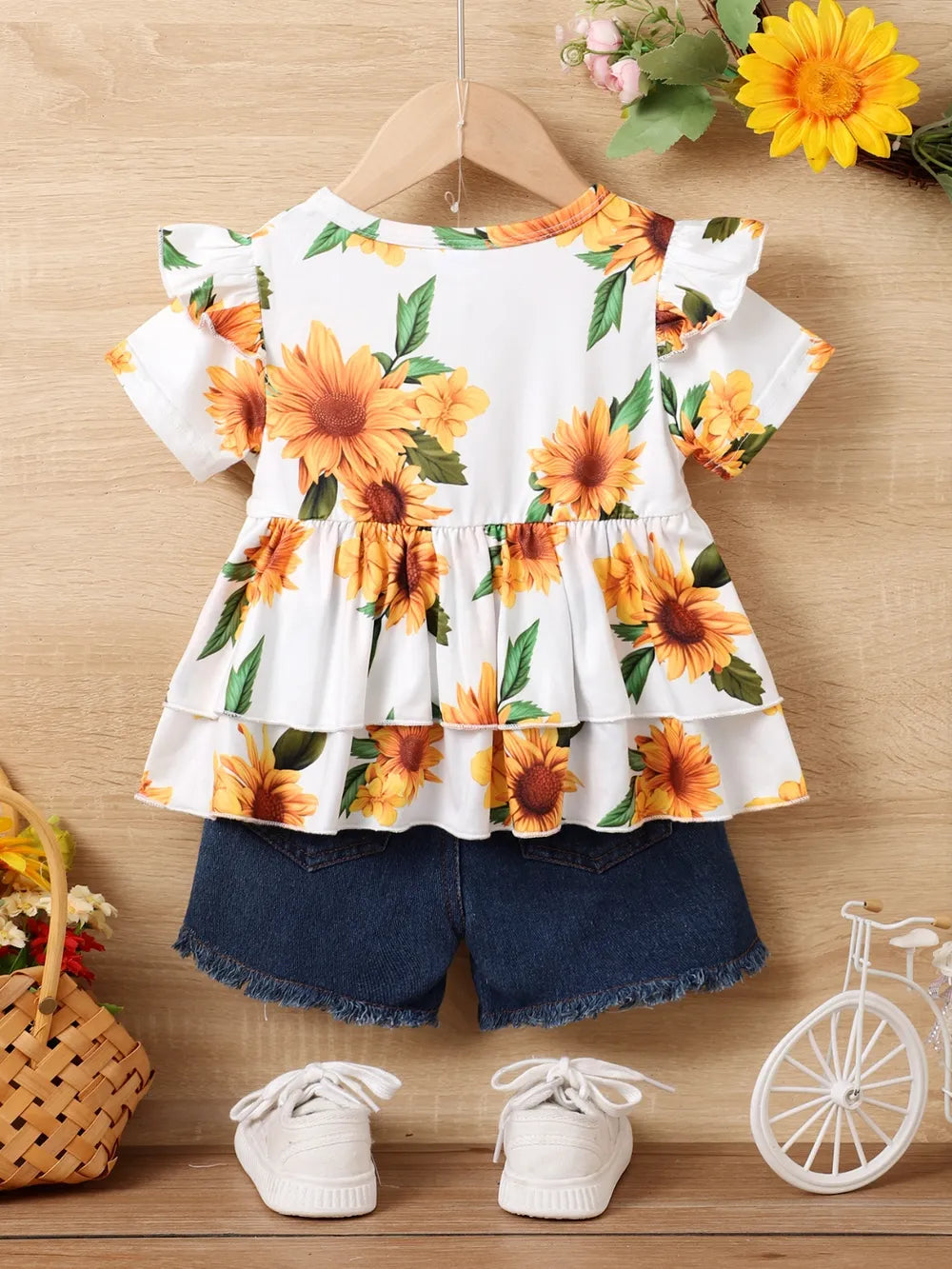 Floral top with ruffled sleeves paired with denim shorts and white sneakers, displayed on a hanger.