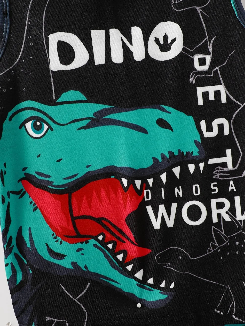 Bright tank top featuring a large dinosaur graphic with the text "DINO WORLD" in bold letters.
