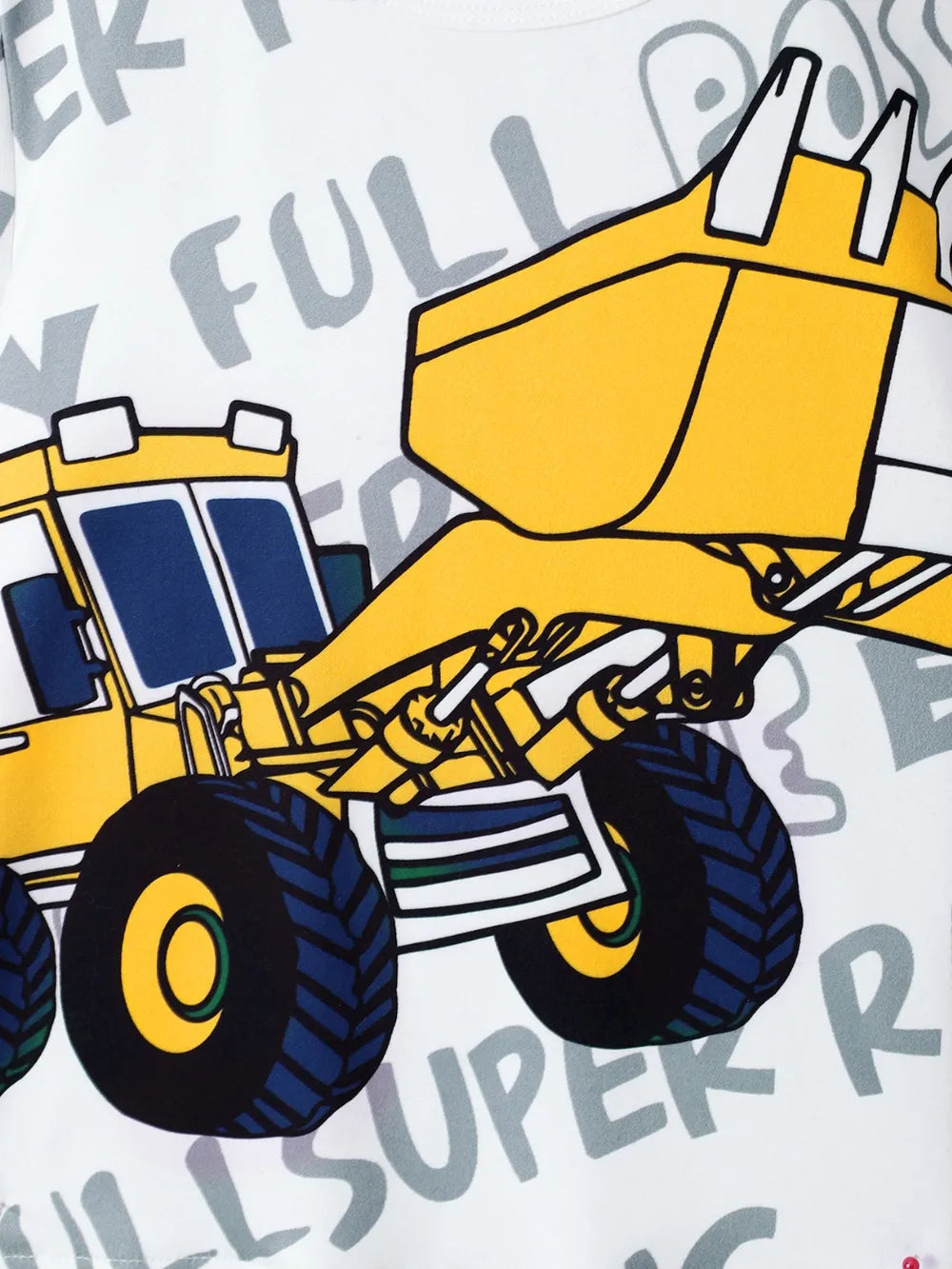 Yellow construction vehicle graphic on a white shirt with grey text.