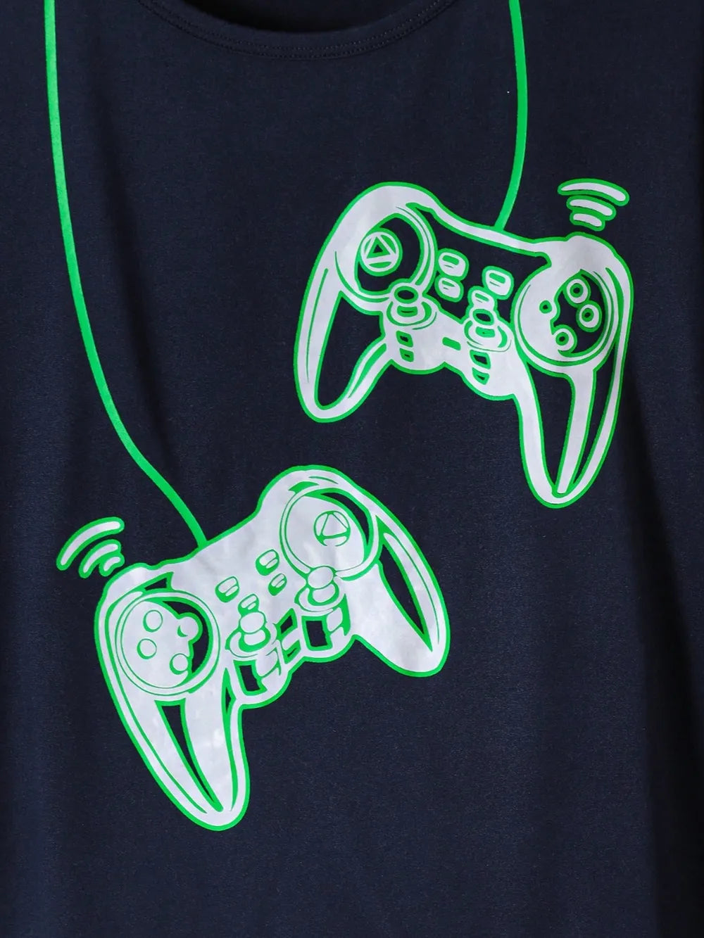 Green graphic of two gaming controllers on a navy background, with connecting lines.