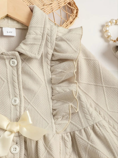 Beige infant dress with ruffles, buttons, and a bow, surrounded by accessories and decor items.