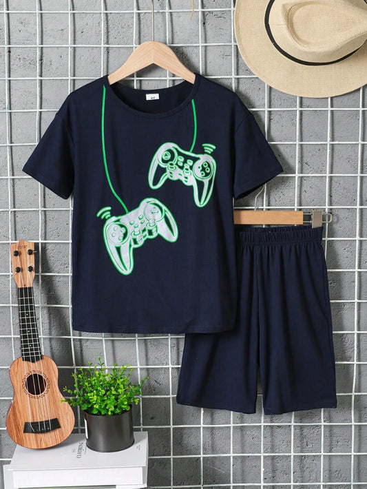 Navy blue gaming-themed shirt with shorts, featuring glowing game controller designs.