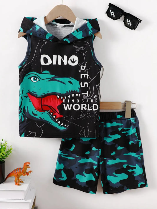 Dinosaur-themed sleeveless hoodie set with camo shorts and a toy dinosaur beside it.