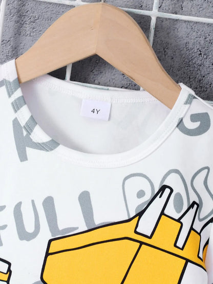 White t-shirt featuring yellow graphic design and size label "4Y" on a wooden hanger.