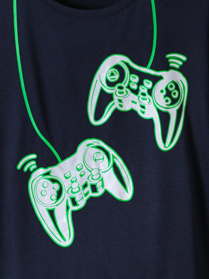 Green graphic of two gaming controllers on a navy background, with connecting lines.